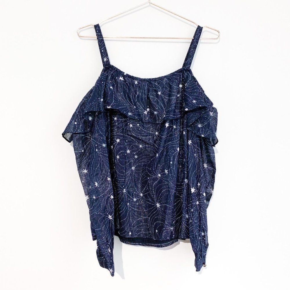 NWT Floreat Anthropologie Navy Blue Metallic Silver Star Cold Shoulder Top - Picture 8 of 11
